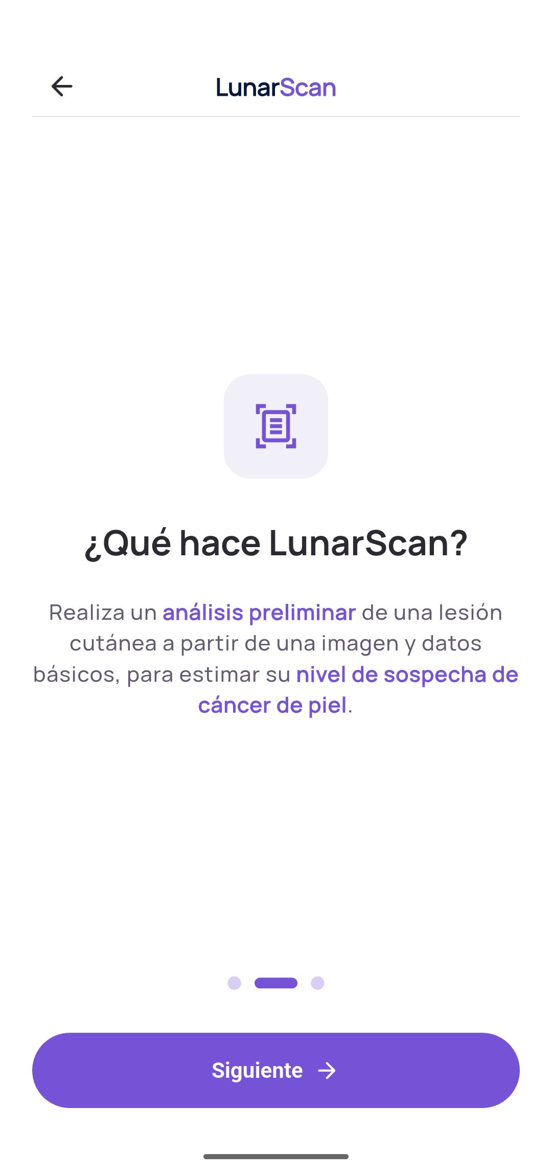 Pantalla ¿Qué hace LunarScan? de la app