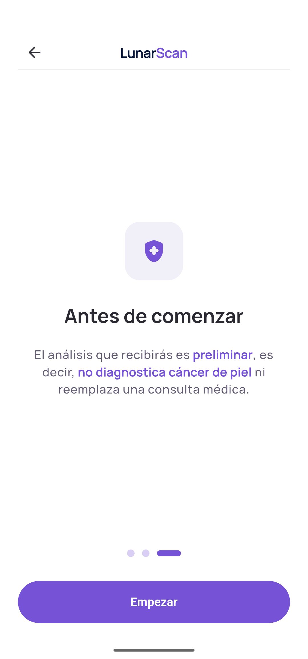 Pantalla Antes de comenzar de la app